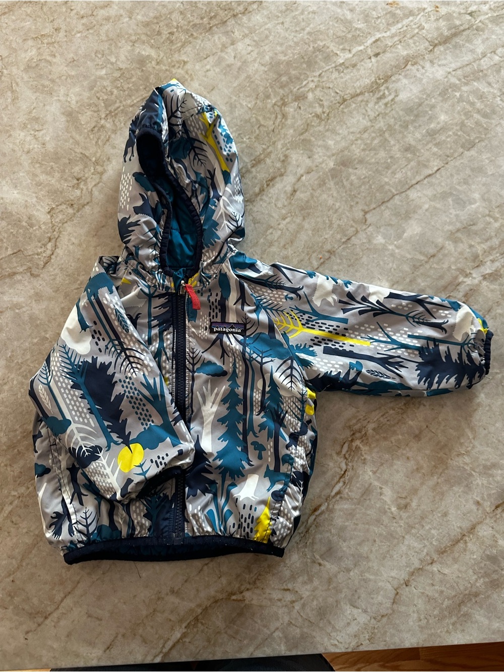 Patagonia Kids Hooded Windbreaker - Reversible Blue, Gray & Yellow Pattern